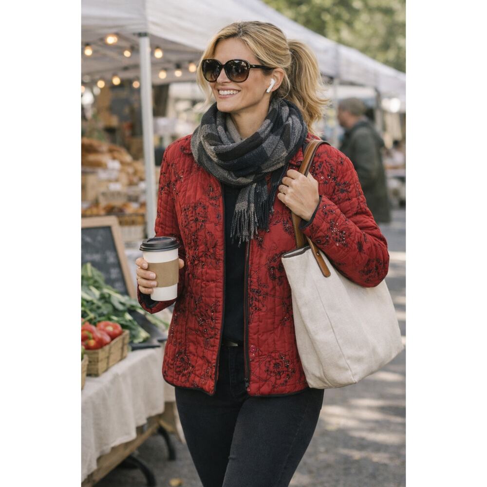 VTG Carole Little Silk Quilted Beaded Jacket Red Black L